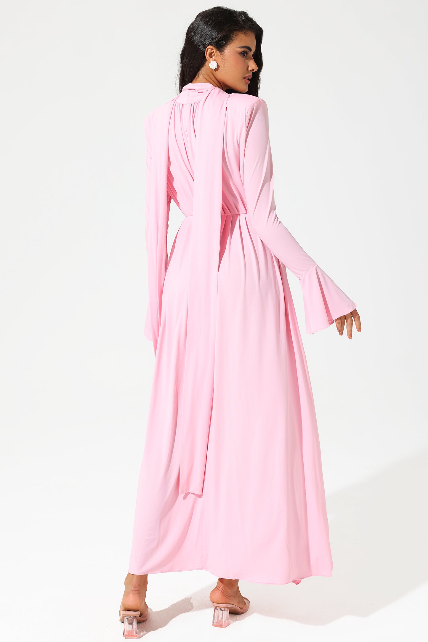 Lantern Sleeve High Collar Flower Split Midi Dress