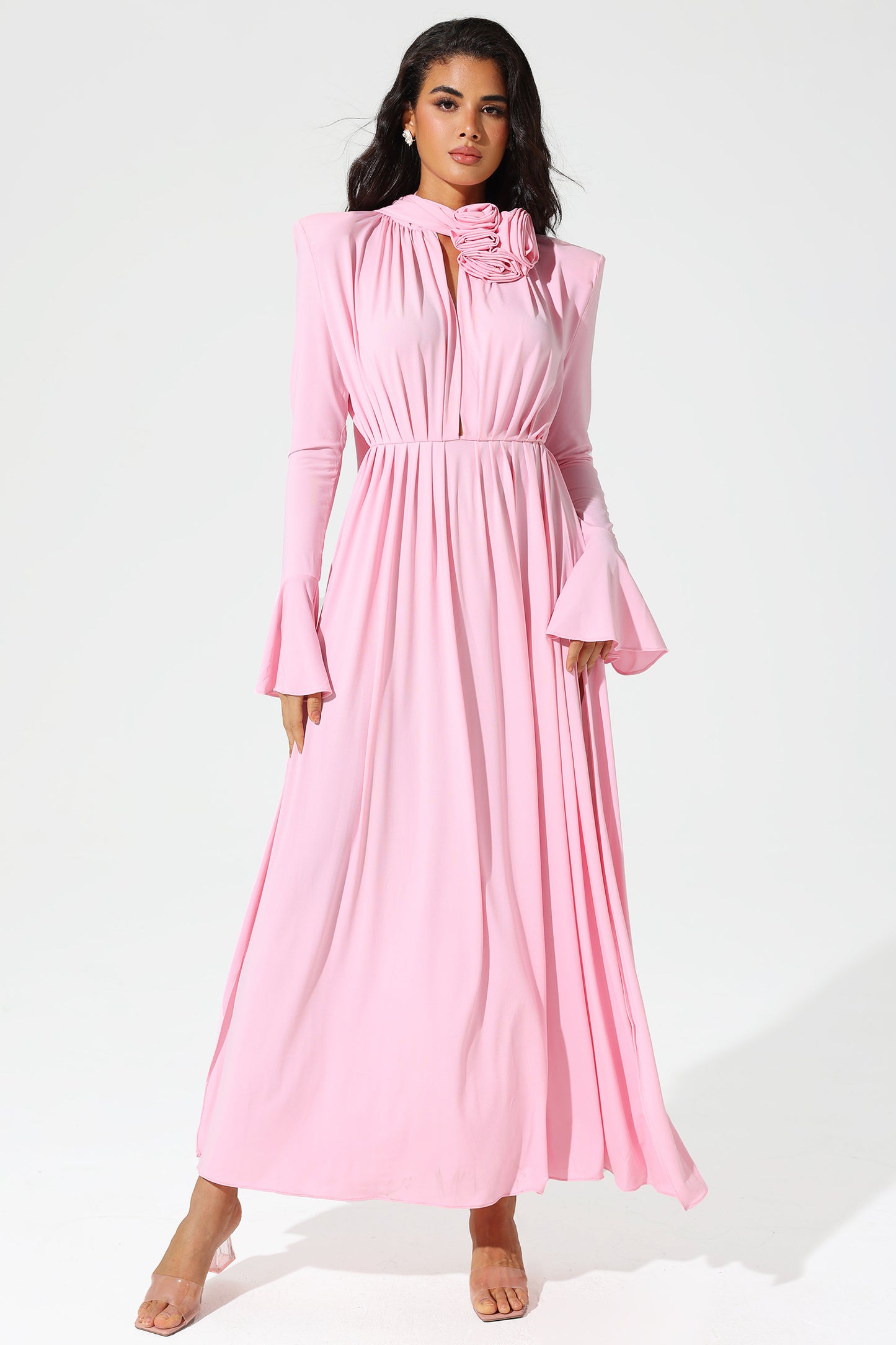 Lantern Sleeve High Collar Flower Split Midi Dress