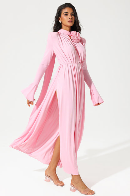 Lantern Sleeve High Collar Flower Split Midi Dress