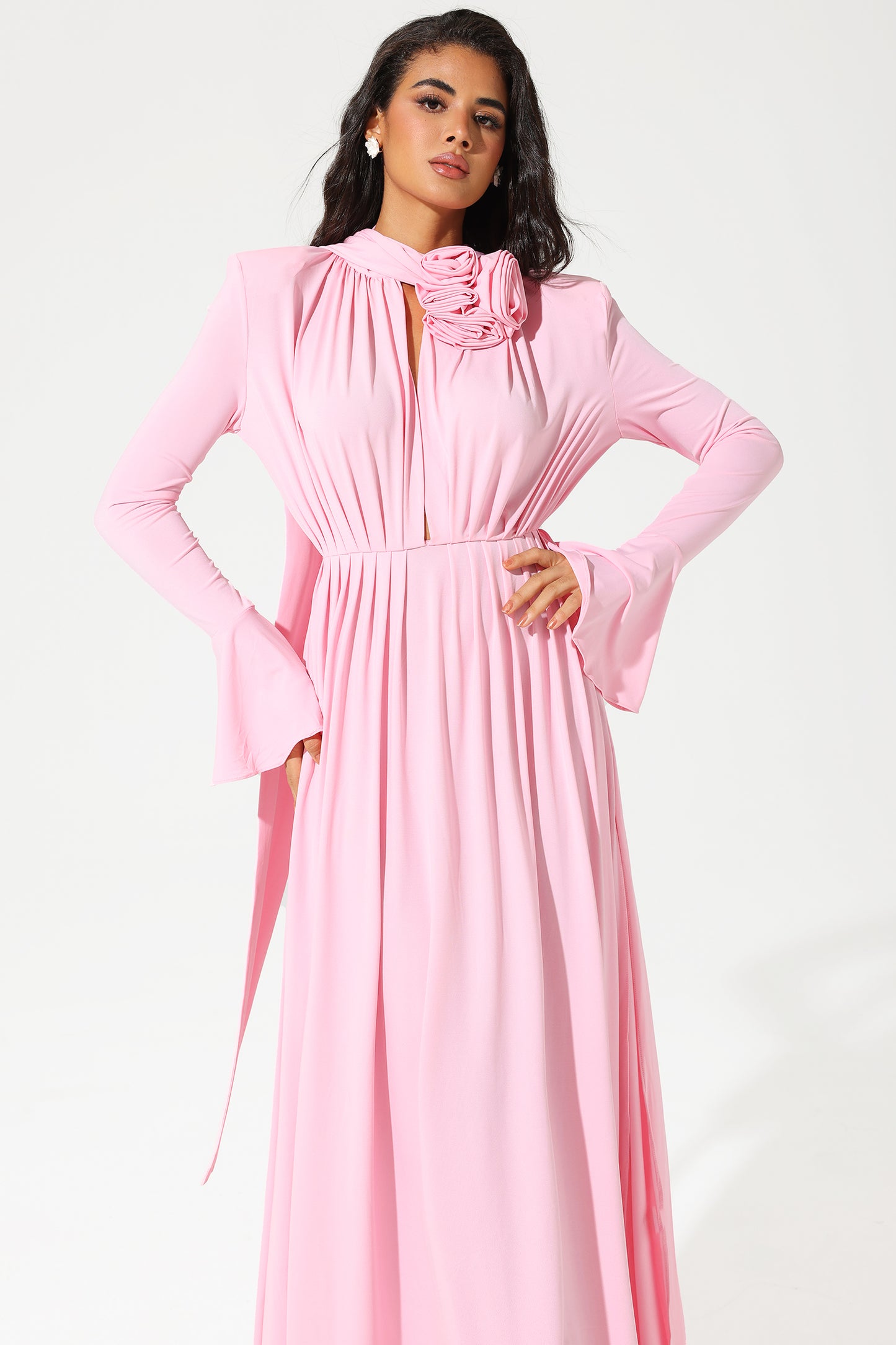Lantern Sleeve High Collar Flower Split Midi Dress