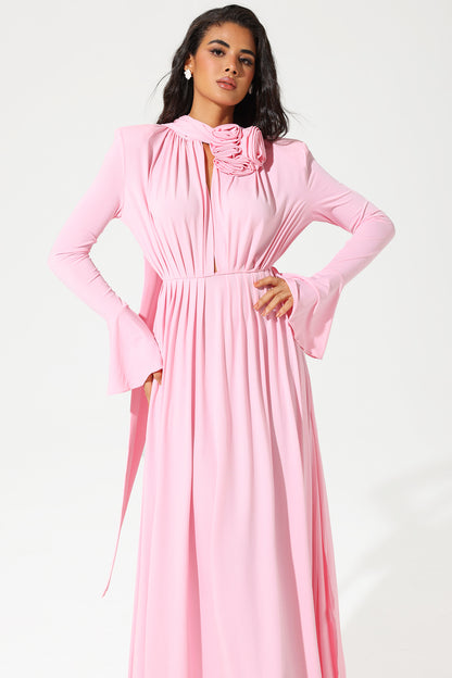 Lantern Sleeve High Collar Flower Split Midi Dress