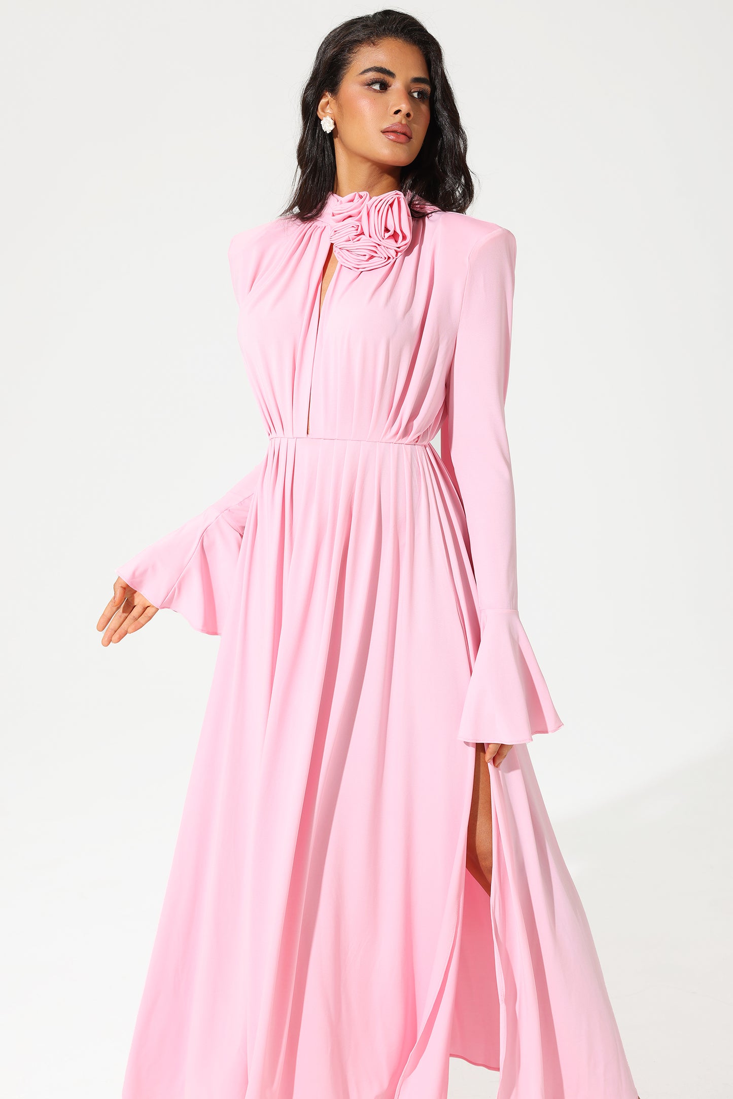 Lantern Sleeve High Collar Flower Split Midi Dress