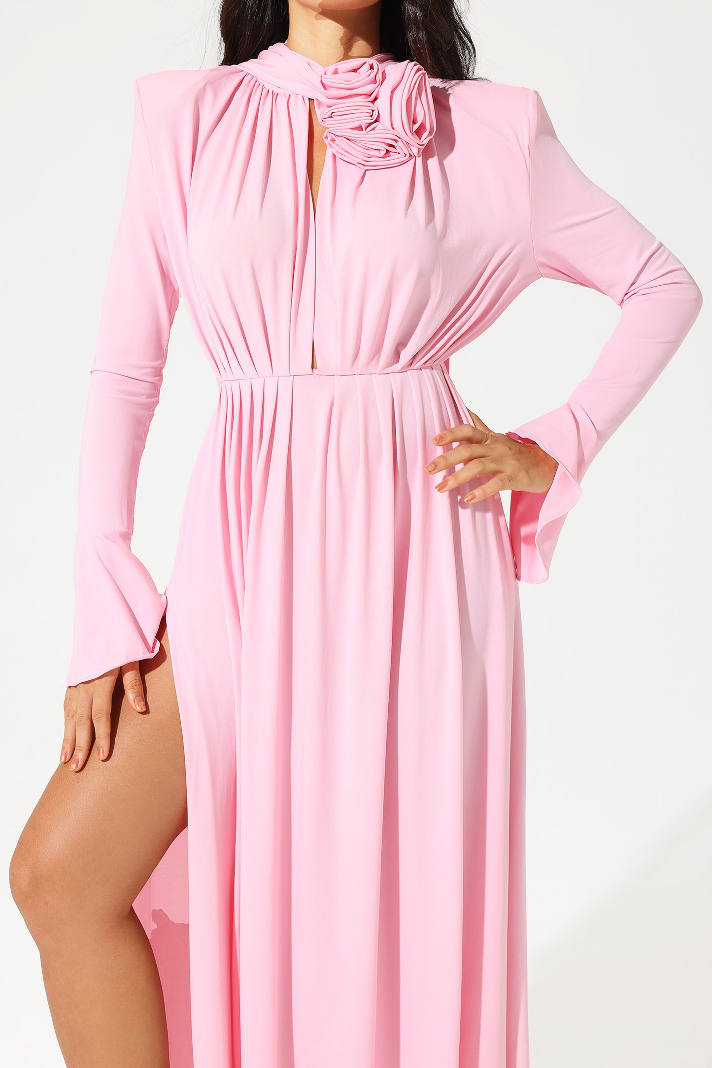 Lantern Sleeve High Collar Flower Split Midi Dress