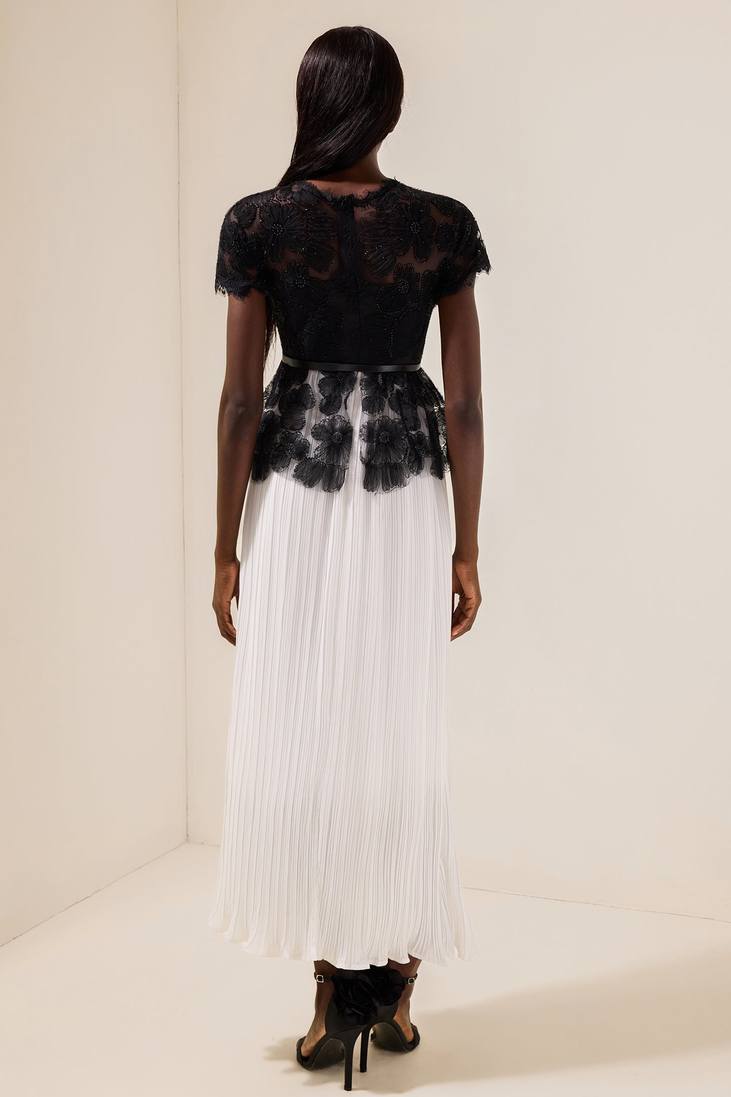 Lace Splicing Pleated Midi Dress With Belt