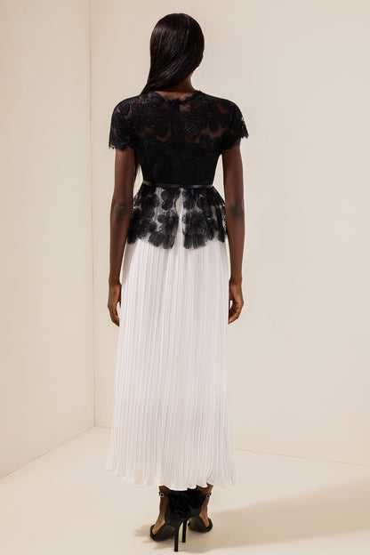 Lace Splicing Pleated Midi Dress With Belt