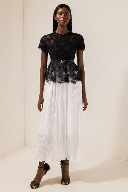 Lace Splicing Pleated Midi Dress With Belt