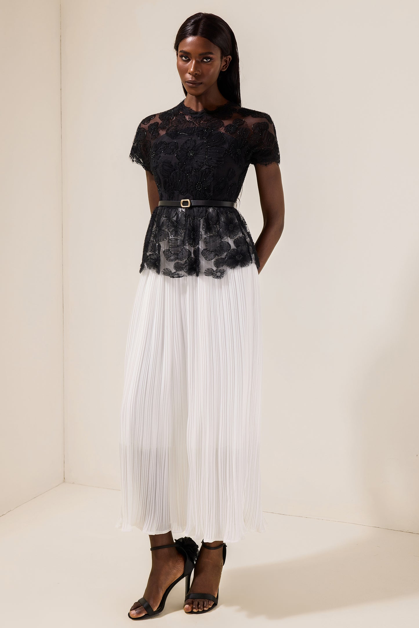 Lace Splicing Pleated Midi Dress With Belt