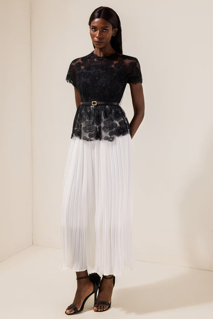 Lace Splicing Pleated Midi Dress With Belt