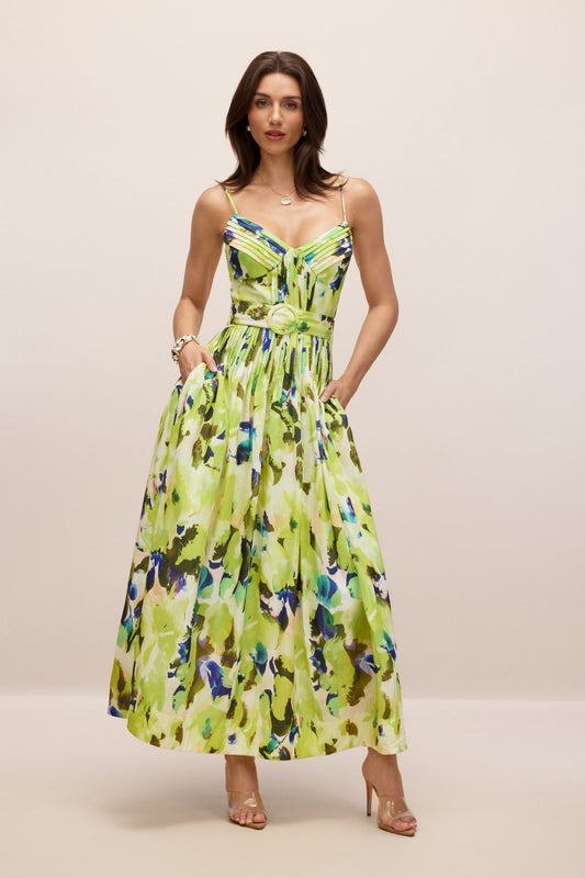Zora Abstract Print Pleated Maxi Dress