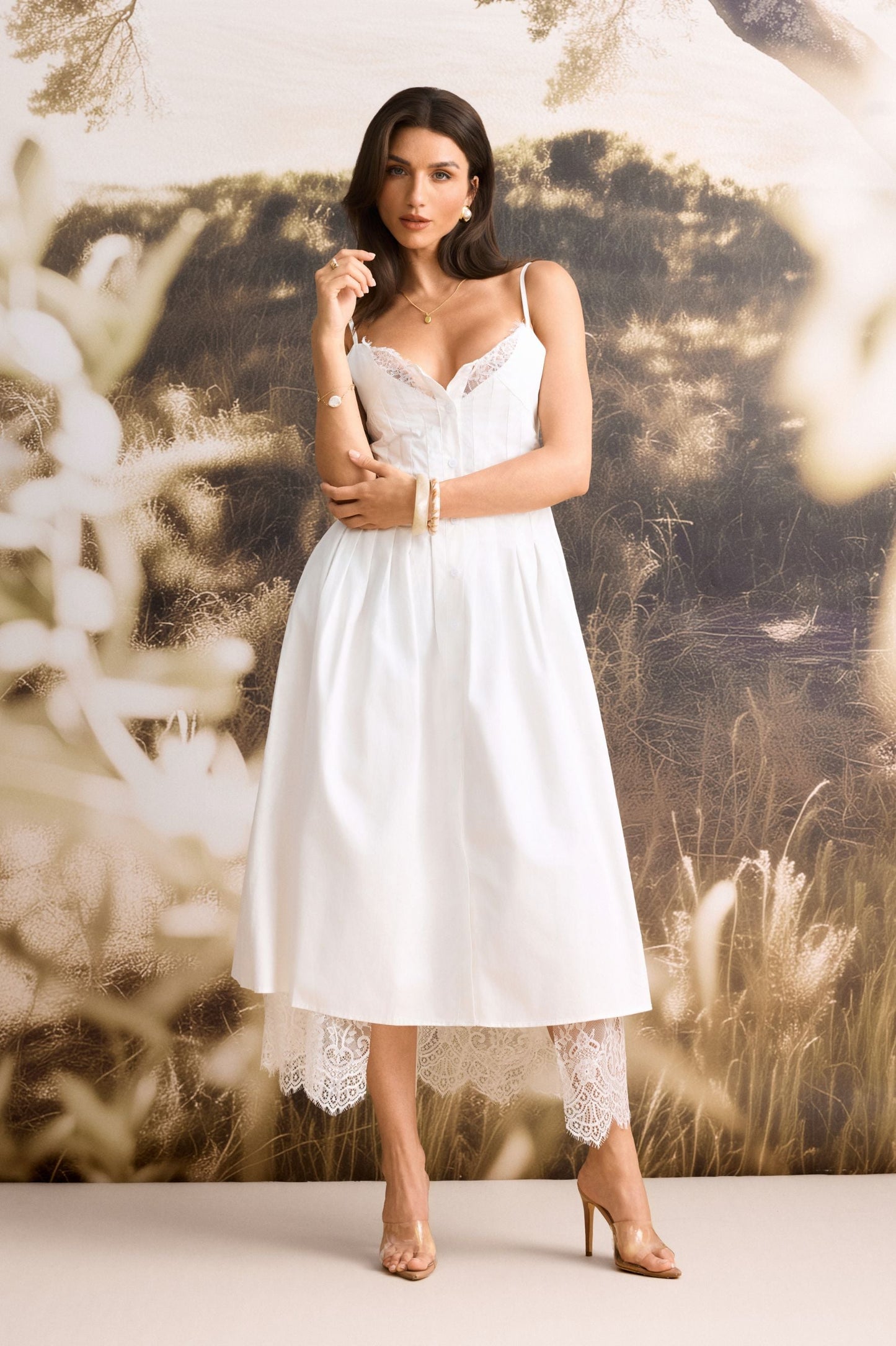 Tasha Lace Trim Spaghetti Strap Midi Dress