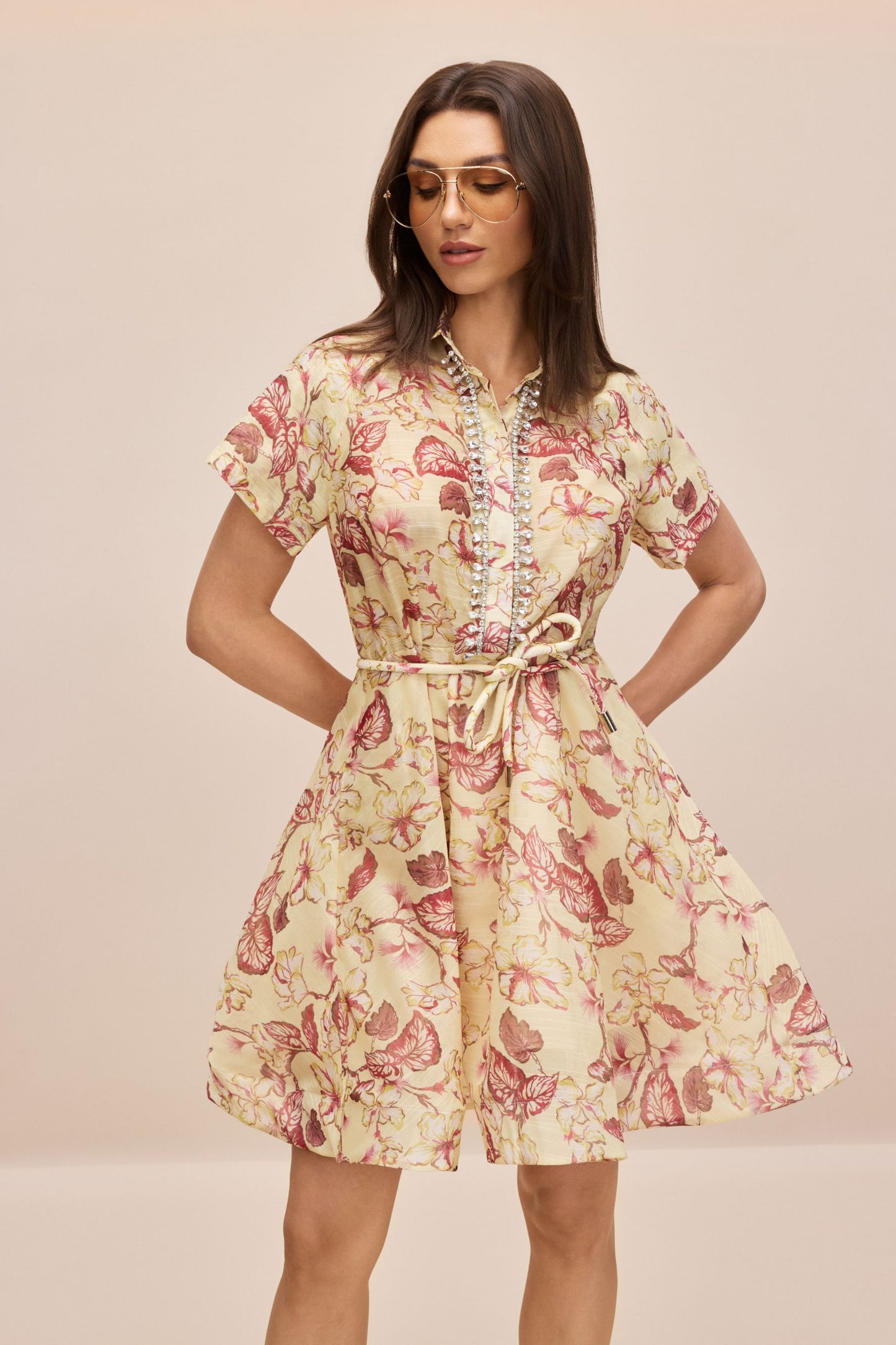 Anna Floral Print Crystal Embellished Mini Dress