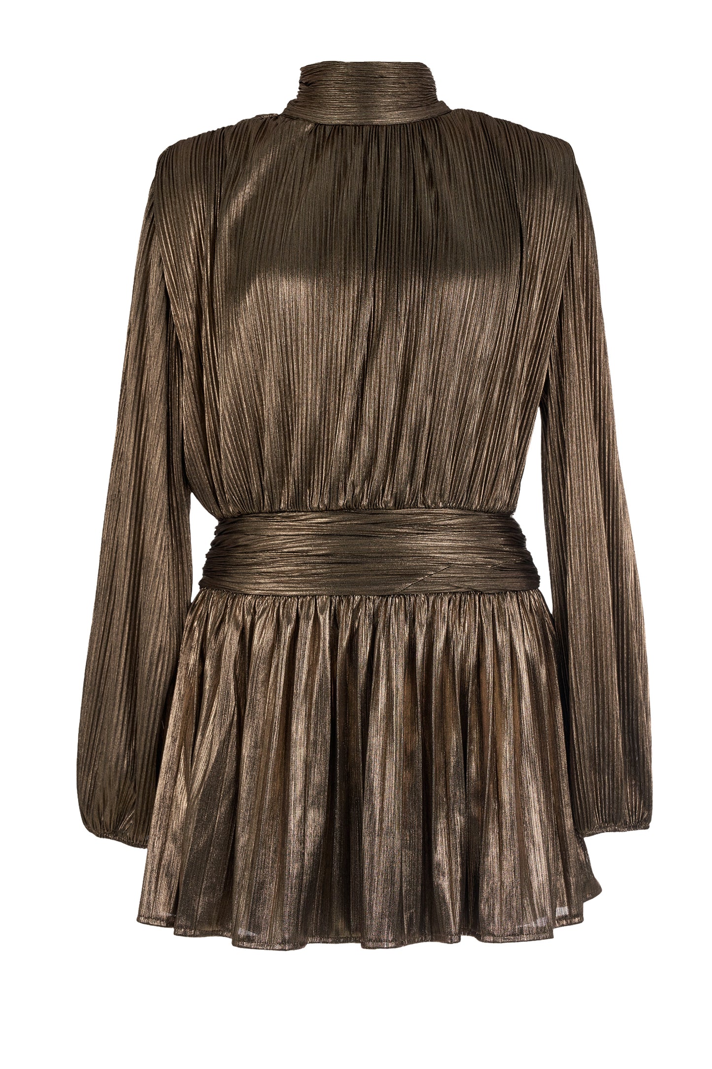 Metallic Fabric Pleated  Stand Collar Mini Dress
