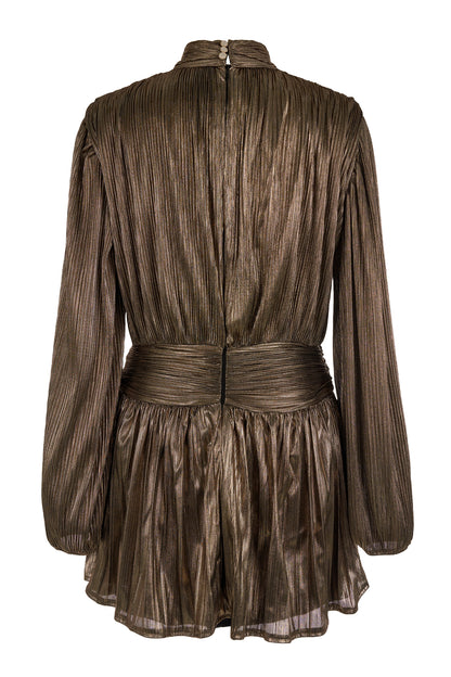 Metallic Fabric Pleated  Stand Collar Mini Dress