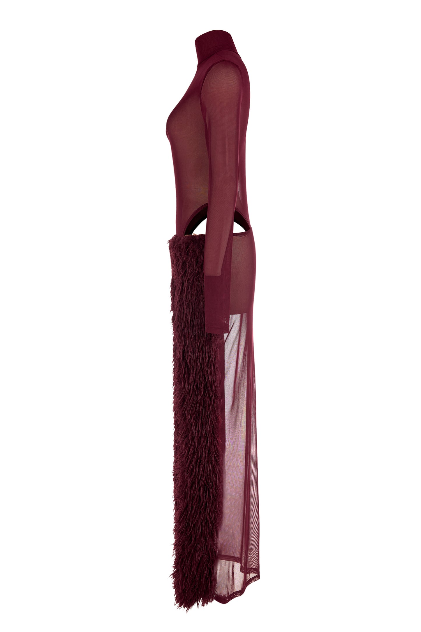 Mesh Long Sleeve Bodysuit & Feather Slit Maxi Skirt Set