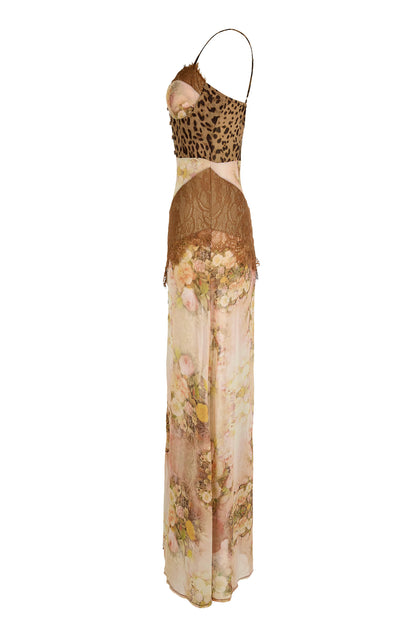 Chiffon Splicing Lace Split Leopard Print Maxi Dress