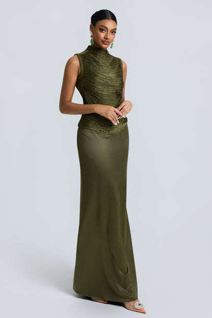 Tassels Sleeveless Top & Satin Low Waist Maxi Skirt Set