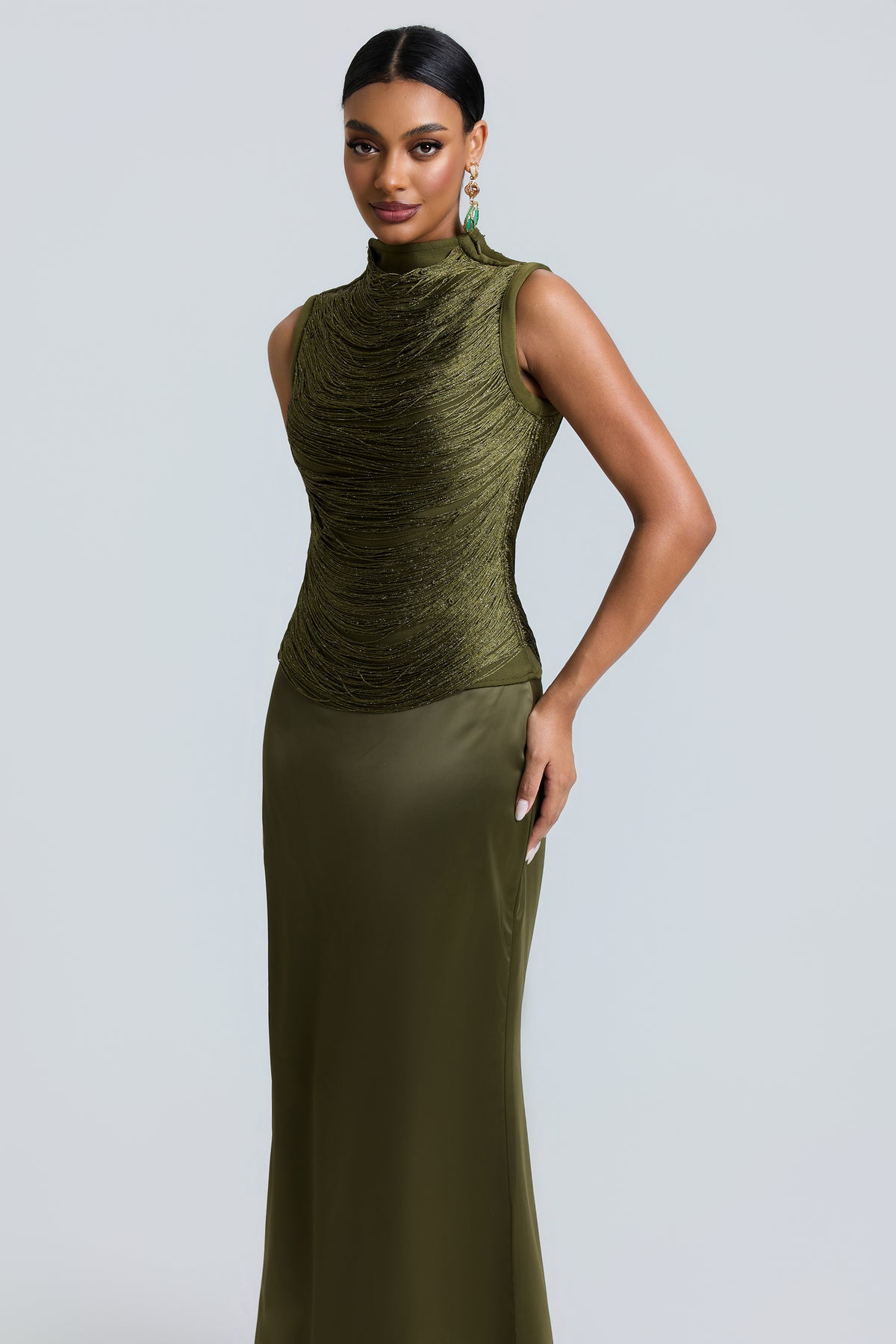 Tassels Sleeveless Top & Satin Low Waist Maxi Skirt Set