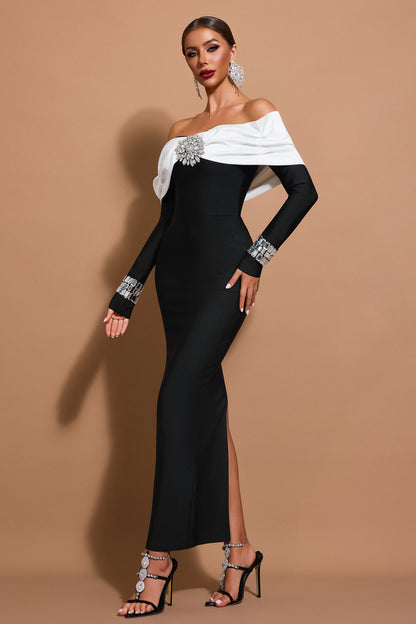Rhinestone Off Shoulder Long Sleeve Maxi Dress