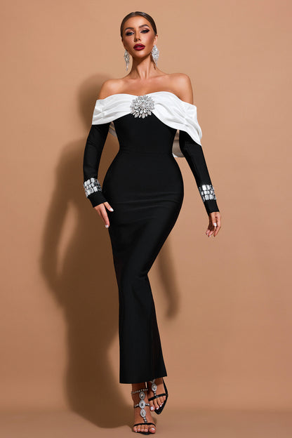 Rhinestone Off Shoulder Long Sleeve Maxi Dress