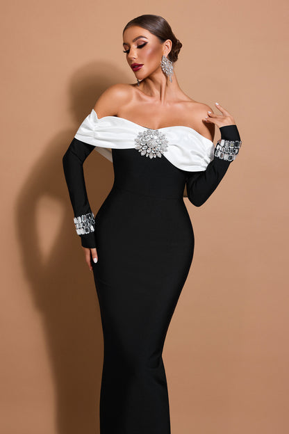 Rhinestone Off Shoulder Long Sleeve Maxi Dress