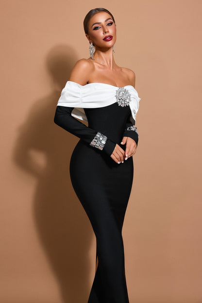 Rhinestone Off Shoulder Long Sleeve Maxi Dress