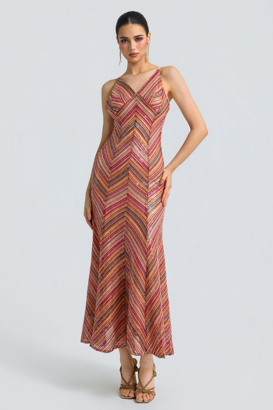 Sequin Chevron Slit Midi Dress