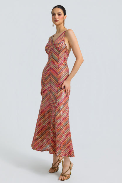 Sequin Chevron Slit Midi Dress