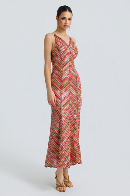 Sequin Chevron Slit Midi Dress