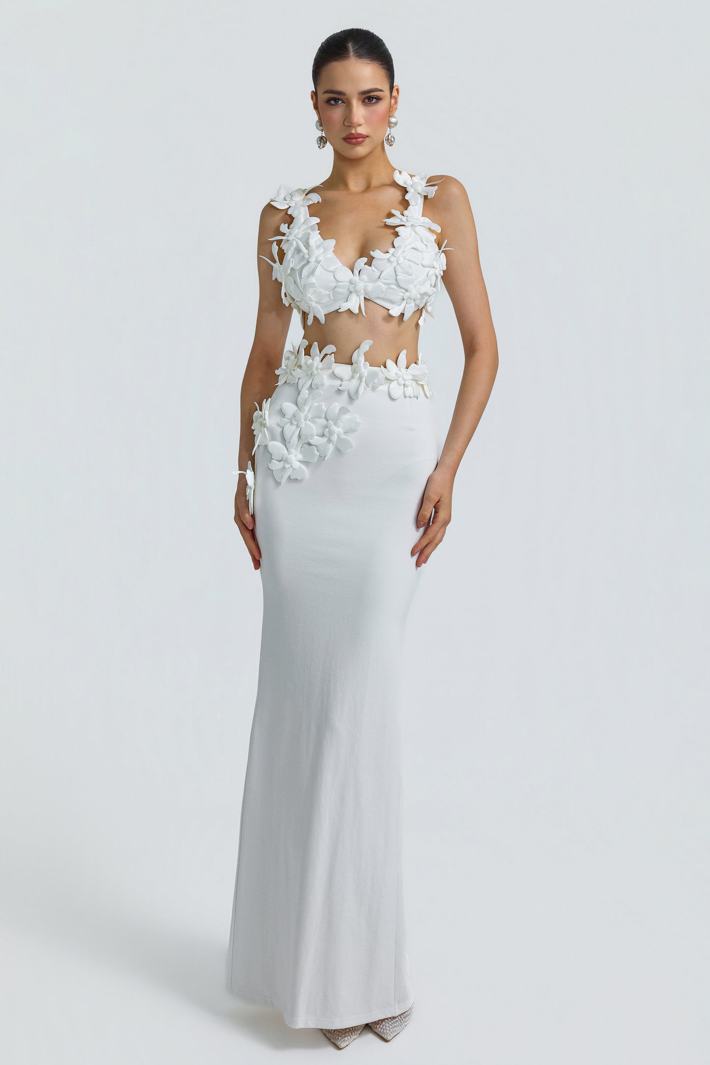 Jersey 3D Flower Top & High Waist Maxi Skirt Set