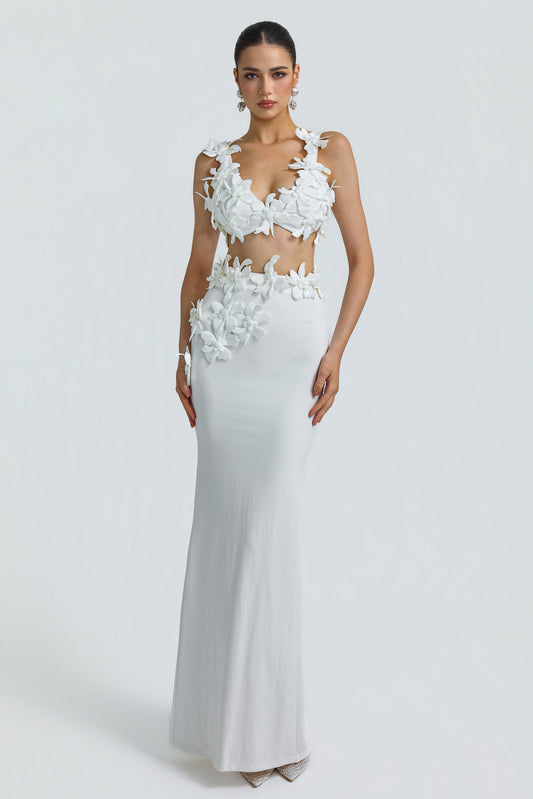 Jersey 3D Flower Top & High Waist Maxi Skirt Set
