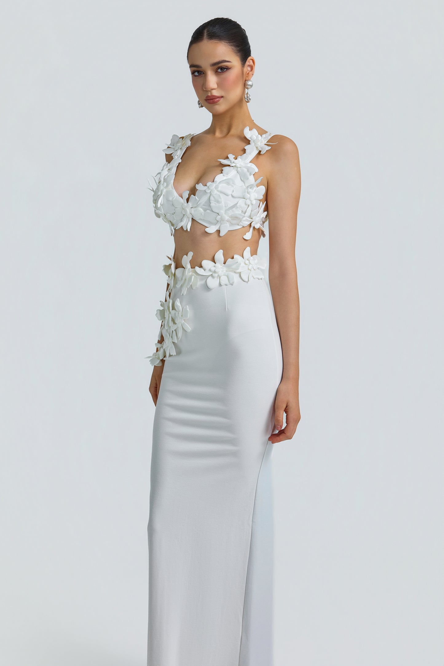 Jersey 3D Flower Top & High Waist Maxi Skirt Set