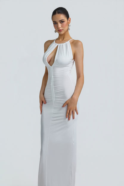Jersey Halter Cutout Ruched Maxi Dress