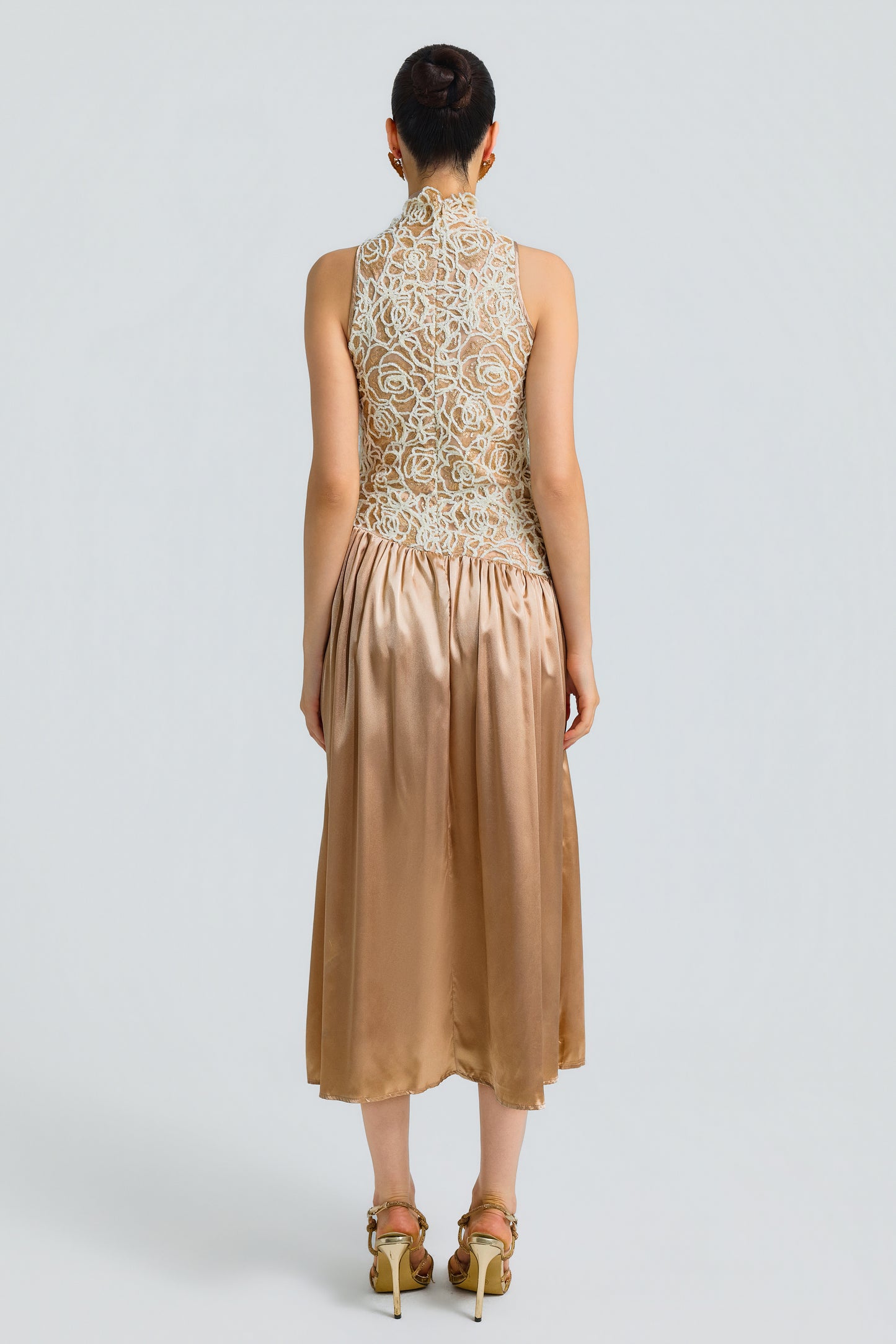 Sequin Patchwork Satin Sleeveless Mock Neck Midi Dress