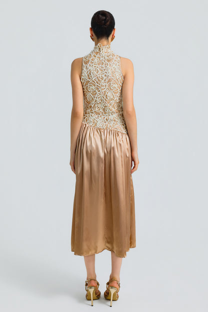 Sequin Patchwork Satin Sleeveless Mock Neck Midi Dress