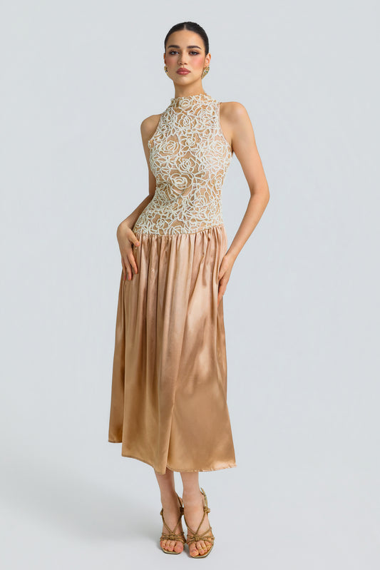 Sequin Patchwork Satin Sleeveless Mock Neck Midi Dress
