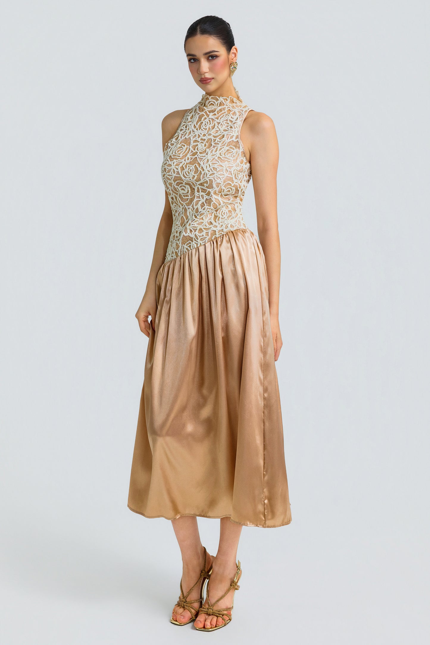 Sequin Patchwork Satin Sleeveless Mock Neck Midi Dress