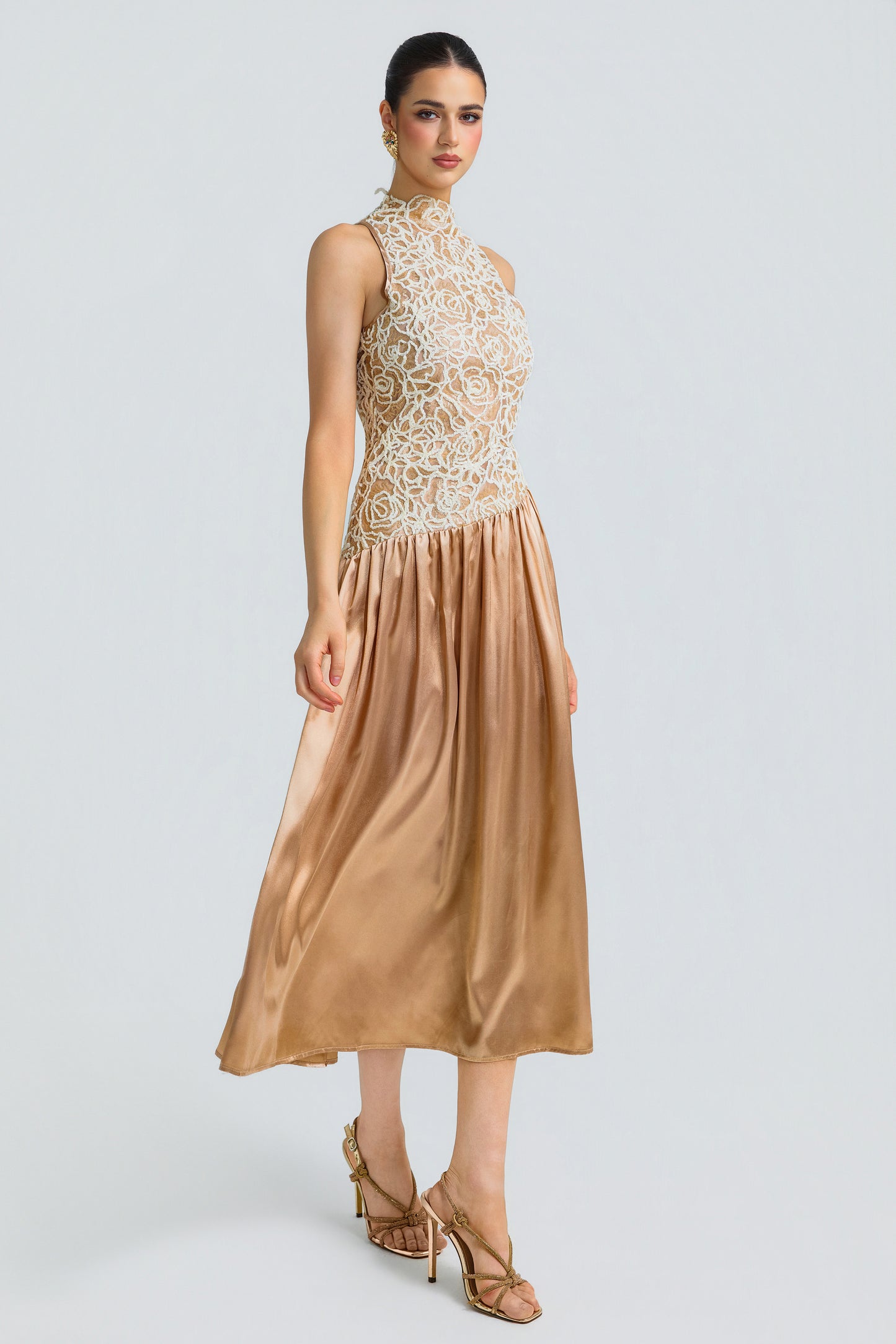 Sequin Patchwork Satin Sleeveless Mock Neck Midi Dress