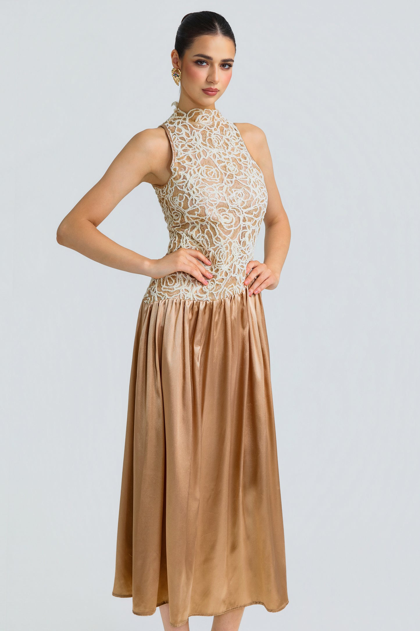 Sequin Patchwork Satin Sleeveless Mock Neck Midi Dress