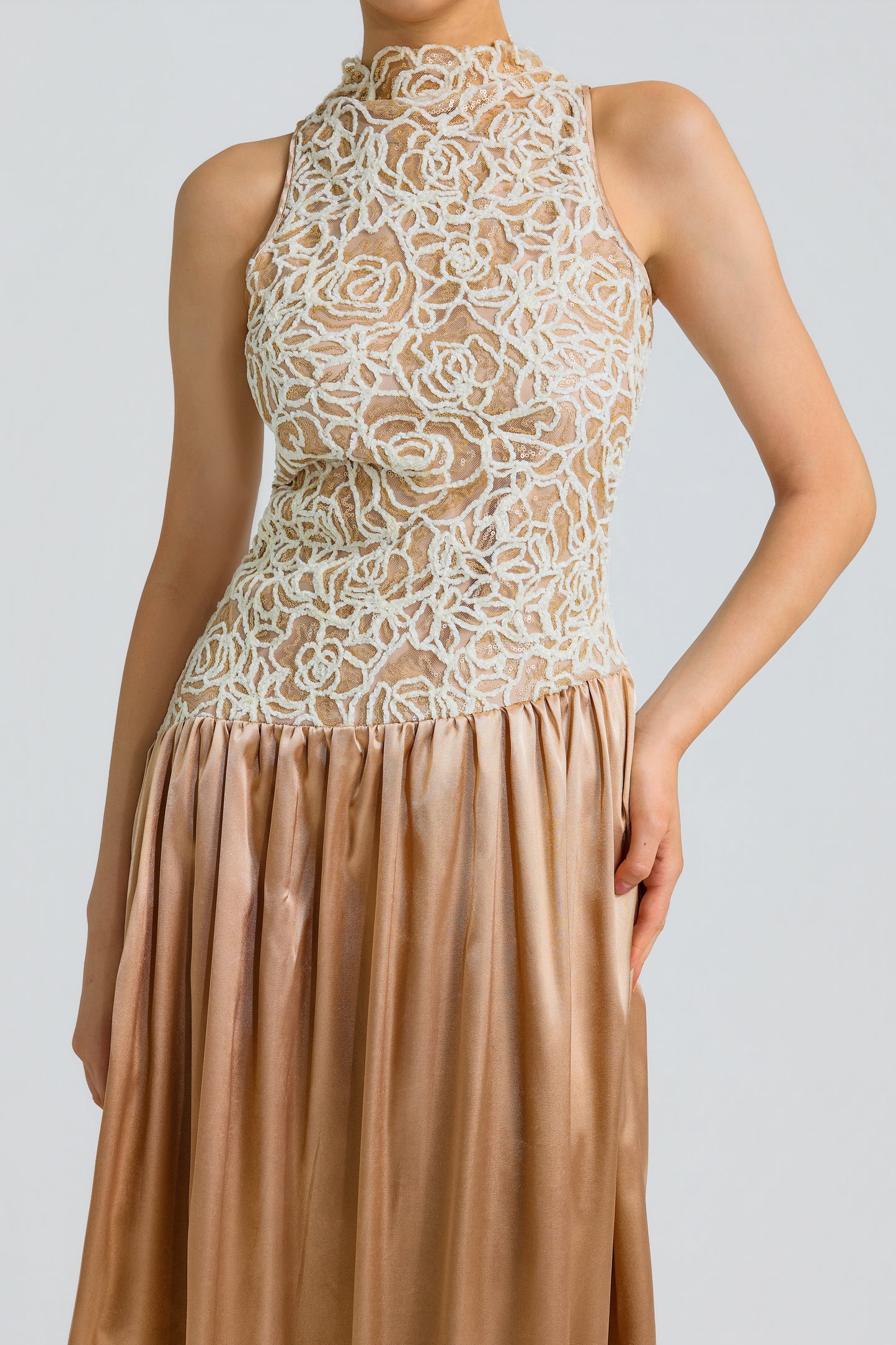Sequin Patchwork Satin Sleeveless Mock Neck Midi Dress