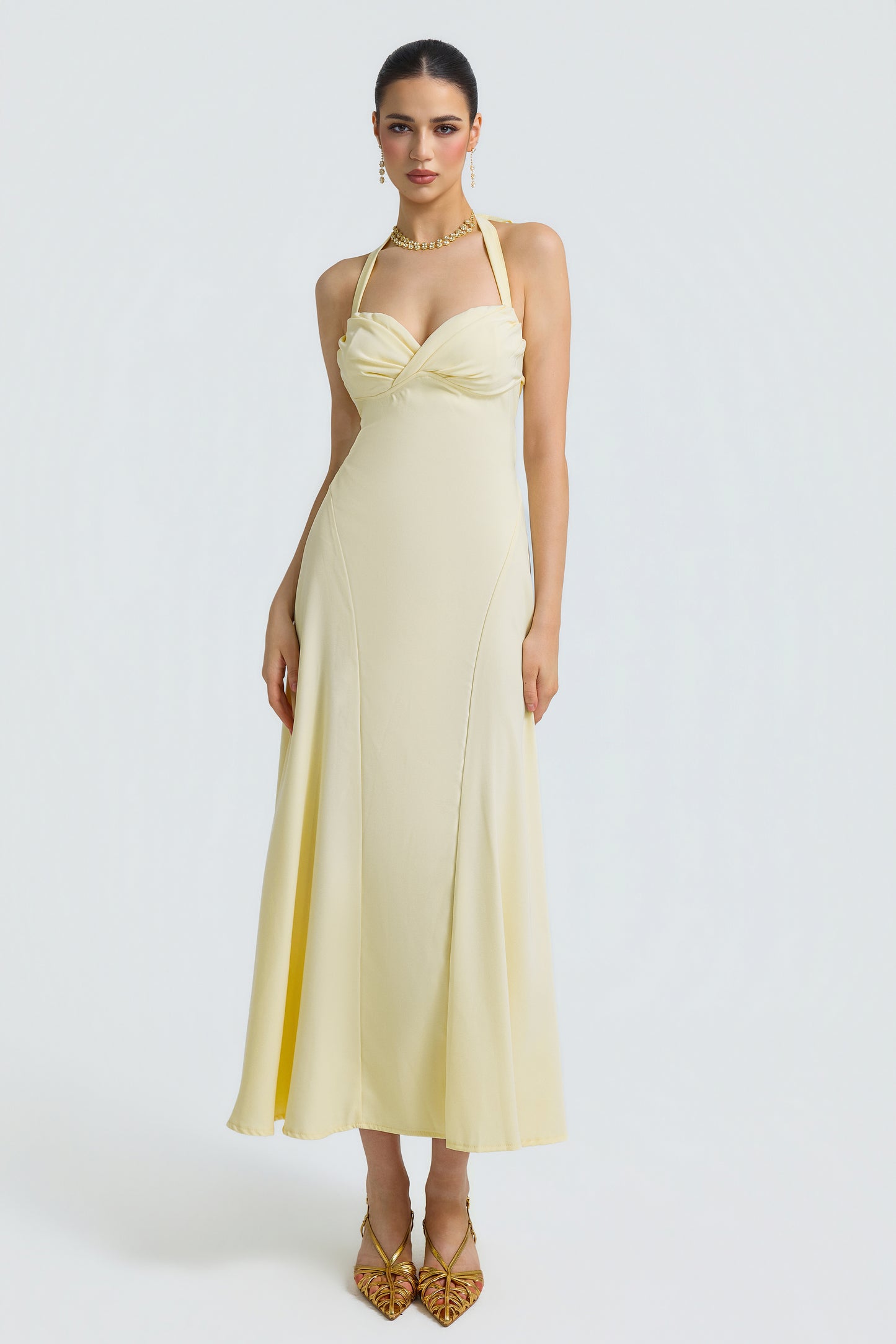 Solid Halter Neck Tie-Up Midi Dress