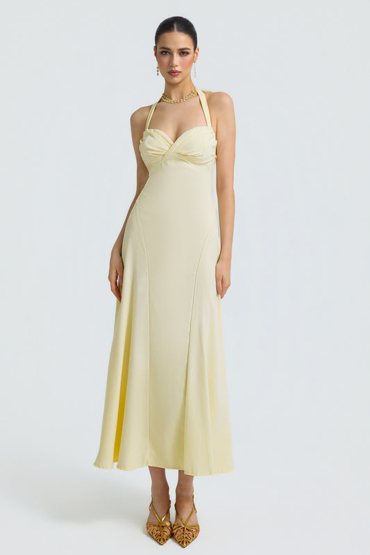 Solid Halter Neck Tie-Up Midi Dress