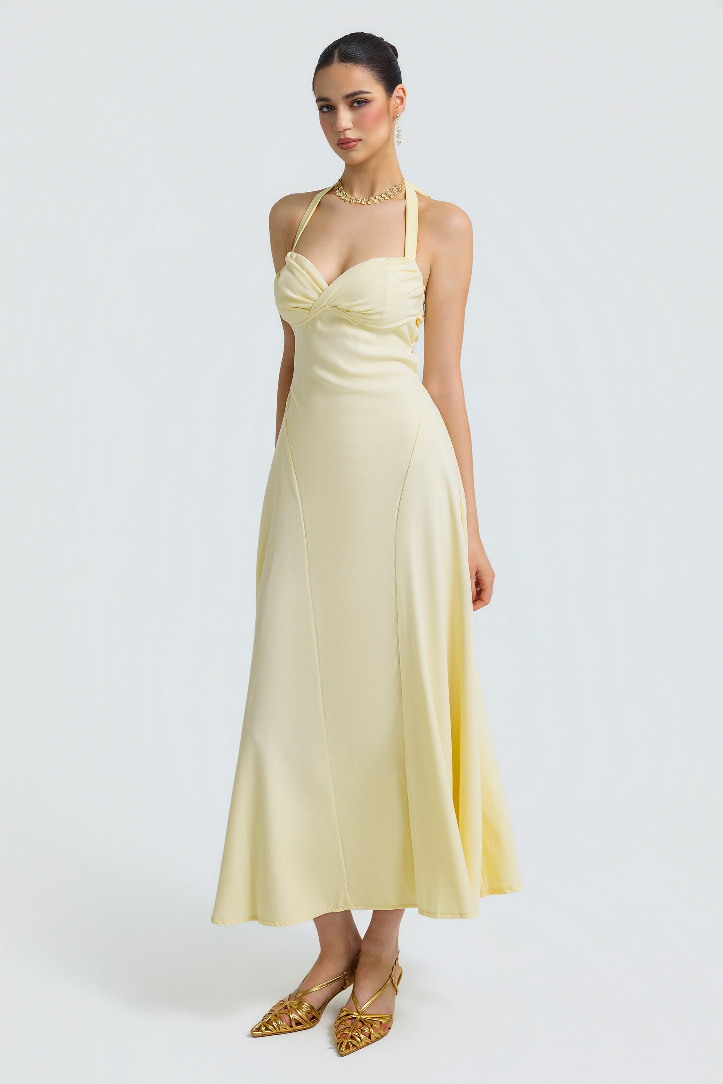 Solid Halter Neck Tie-Up Midi Dress