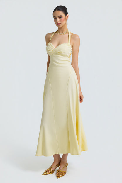 Solid Halter Neck Tie-Up Midi Dress