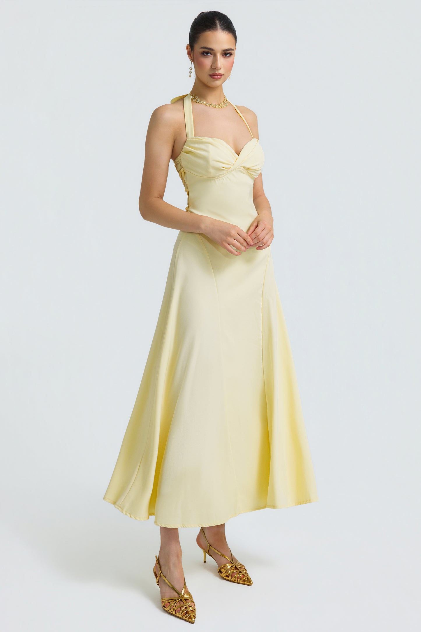Solid Halter Neck Tie-Up Midi Dress