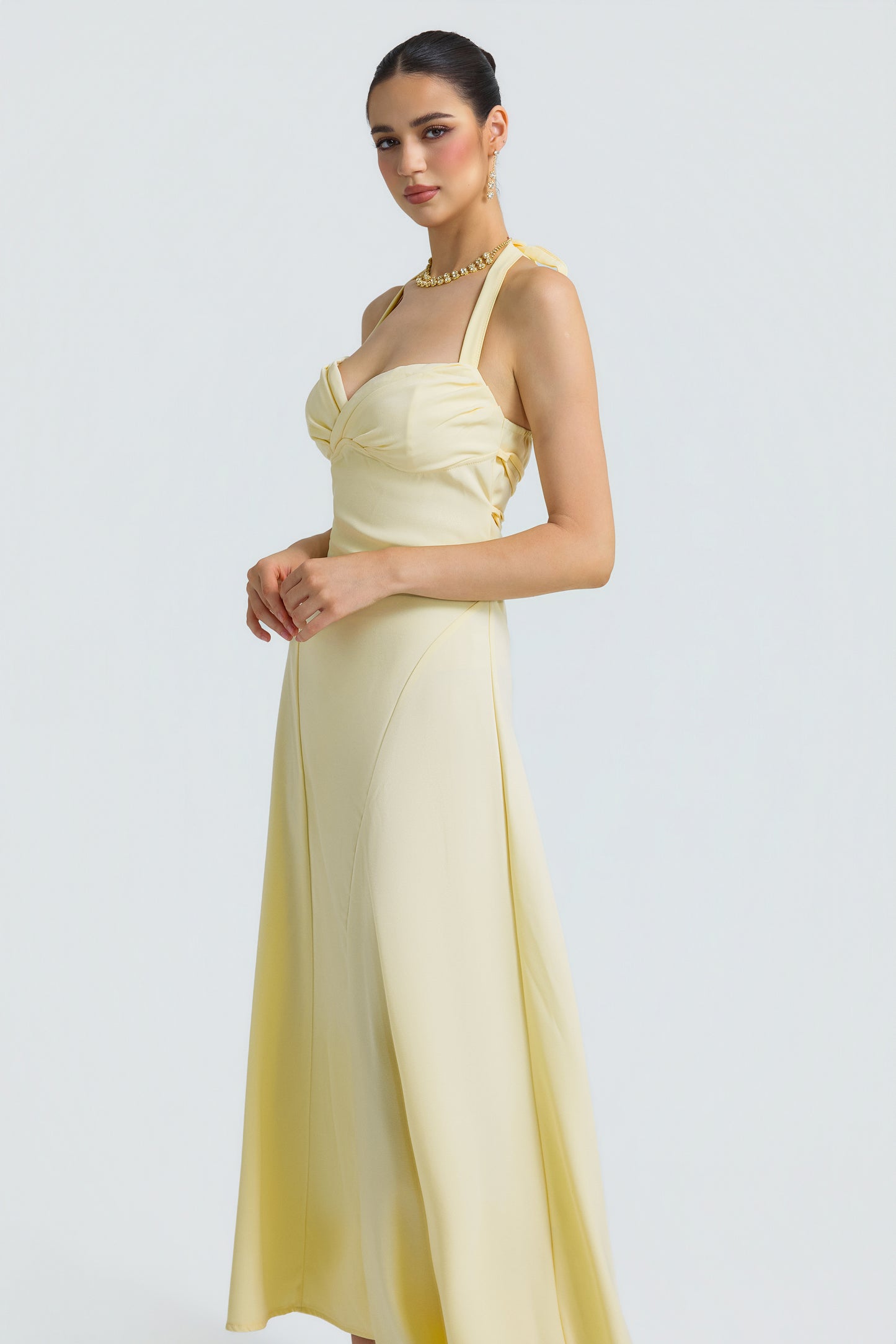 Solid Halter Neck Tie-Up Midi Dress