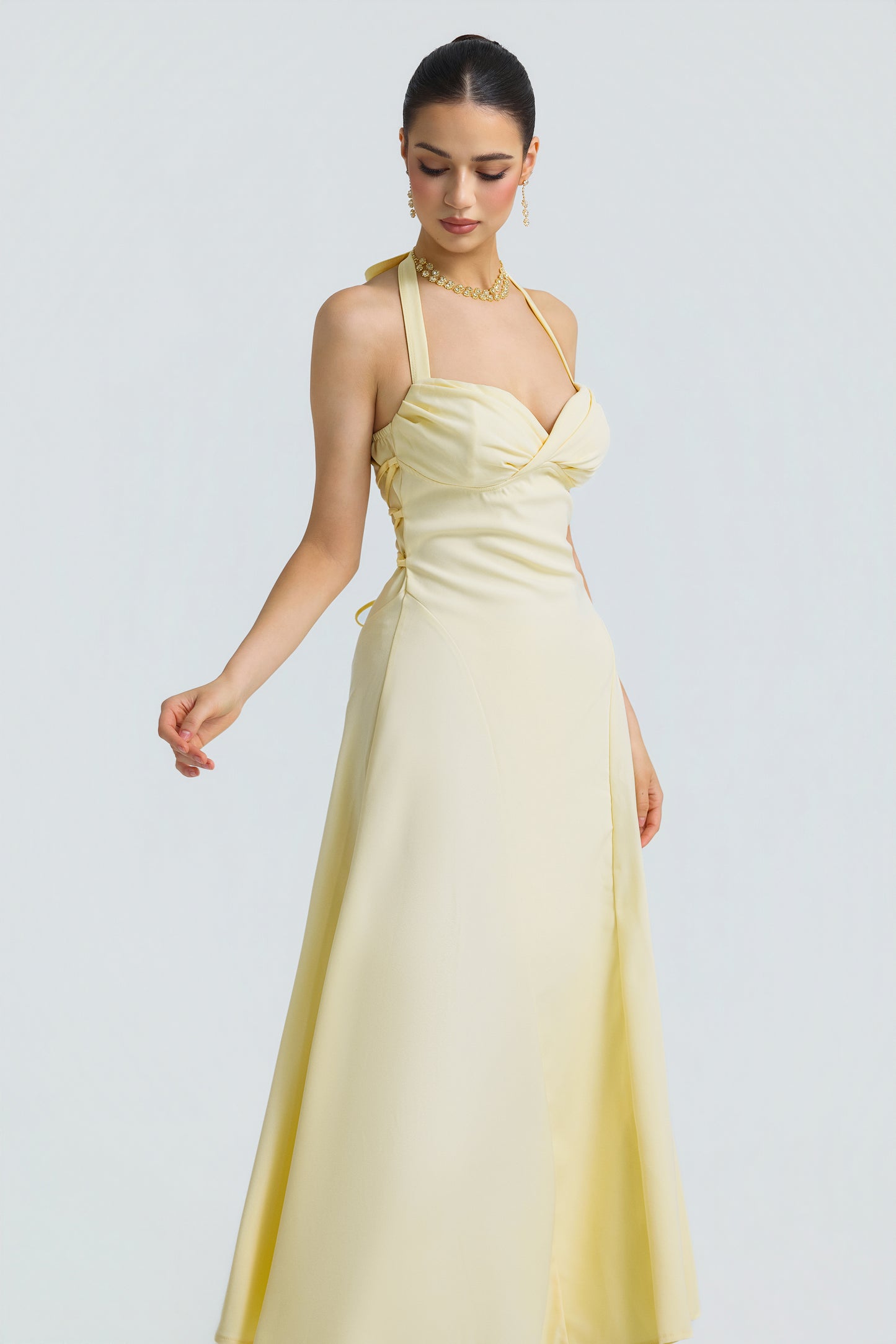 Solid Halter Neck Tie-Up Midi Dress