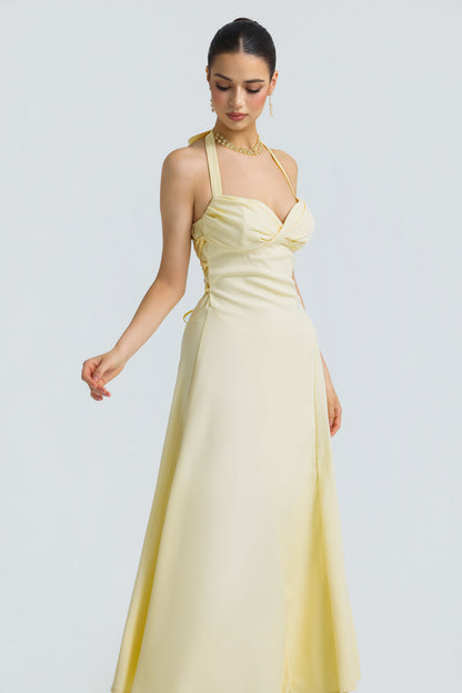 Solid Halter Neck Tie-Up Midi Dress
