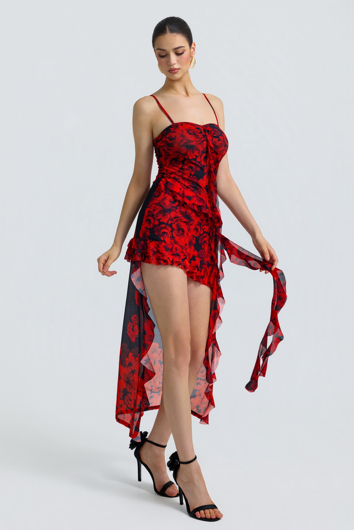 Mesh Floral Ruffle Mini Dress
