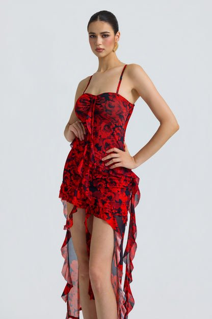 Mesh Floral Ruffle Mini Dress