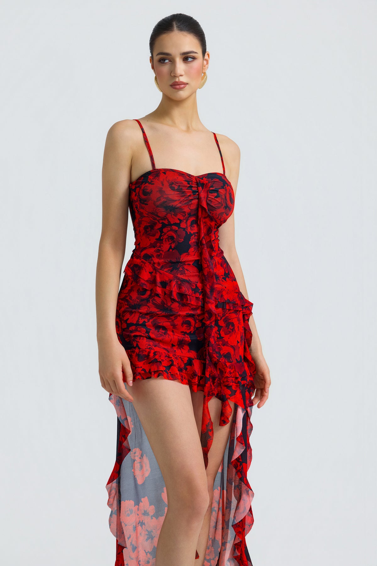 Mesh Floral Ruffle Mini Dress